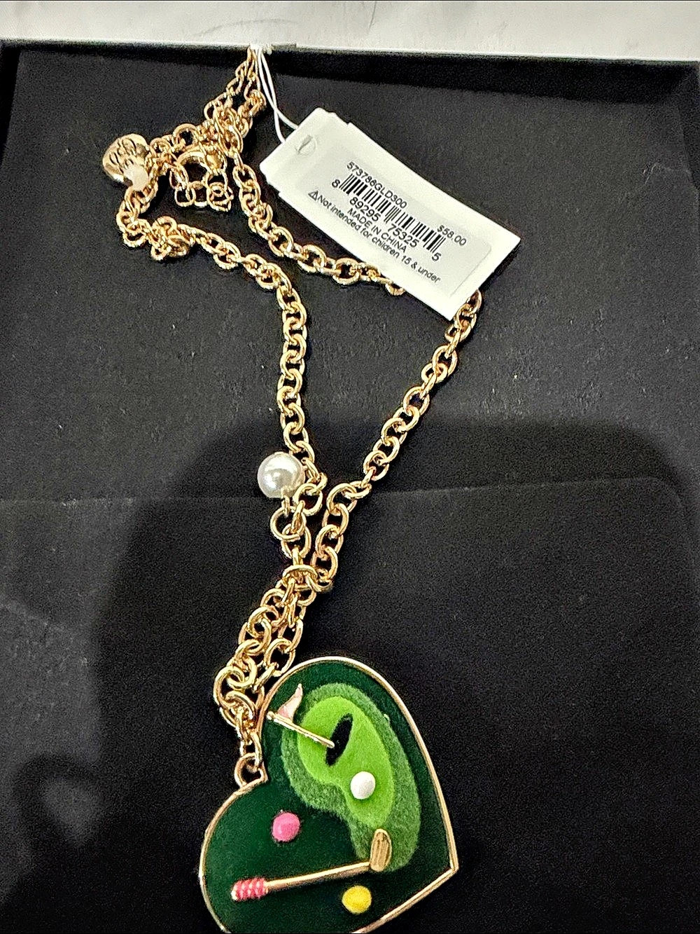 Betsey Johnson Golf Heart Pendant Necklace Green Gold NWT